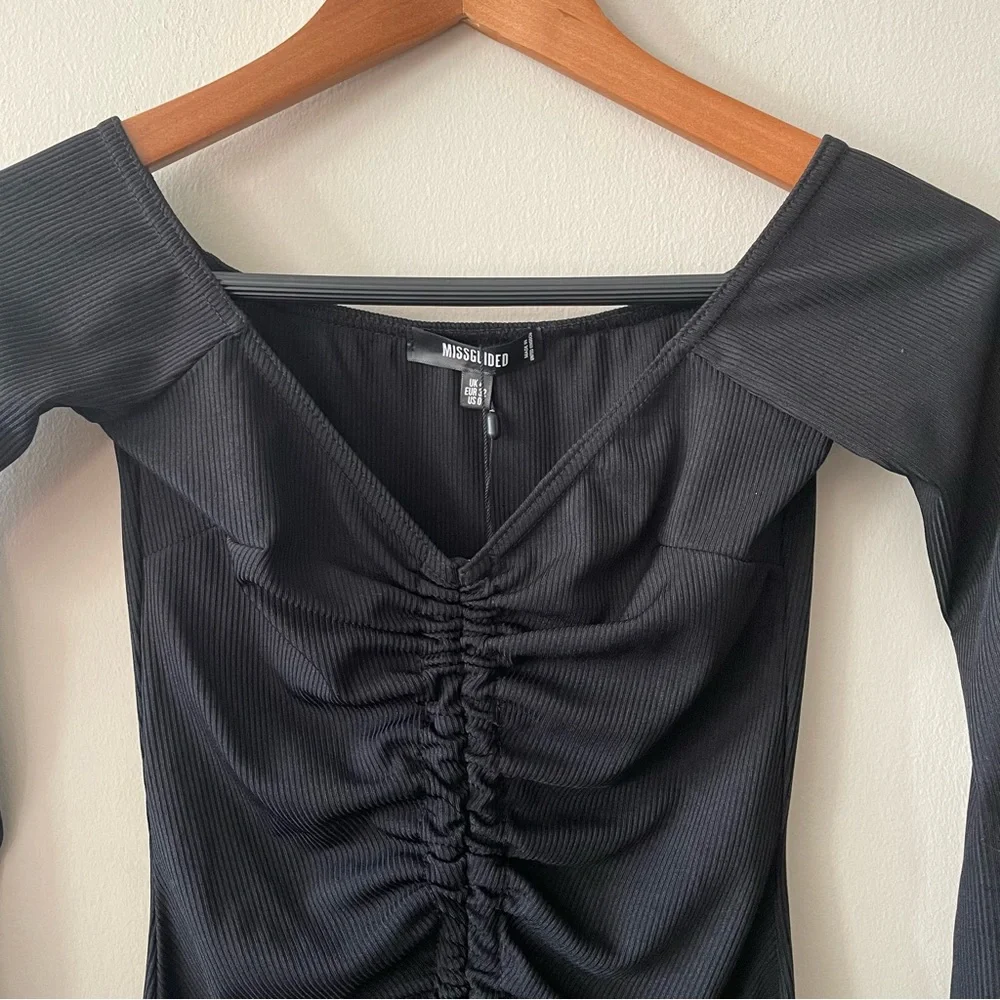 🐈⬛ Missguided (NWOT) Black Rib Ruched Front Long Sleeve Mini Dress 🐈⬛ - Picture 9 of 9